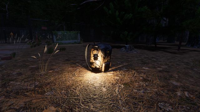 A backpack waits in the grass by the road, its lantern still glowing.